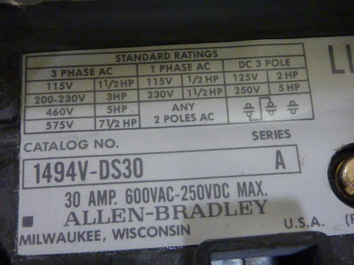 Used ALLEN BRADLEY 30 Amp Disconnect Switch 1494V-DS30 SER A #60390