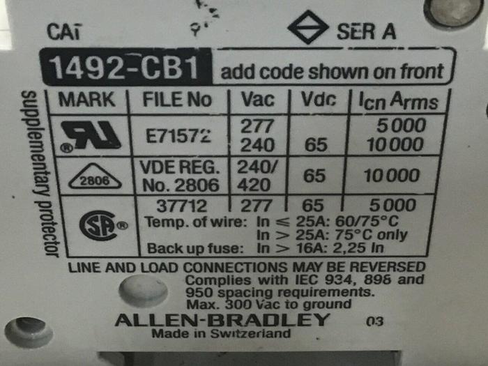 Used ALLEN BRADLEY Circuit Breaker 4 Amp 1492-CB1/G040 SER A #119629