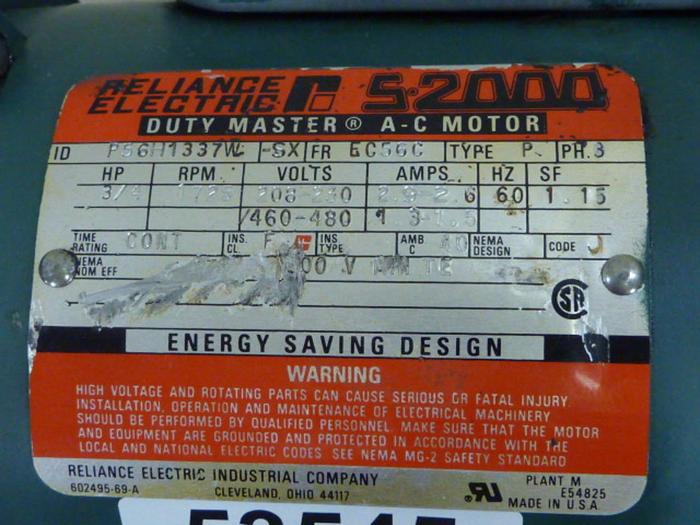 Used RELIANCE ELECTRIC 3/4 HP AC Motor P56H1337W #53545