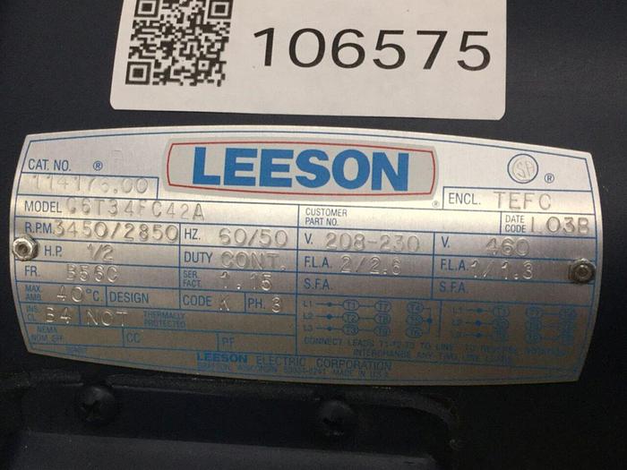 Used LEESON ELECTRIC CO 1/2 HP Motor C6T34FC42A #106575