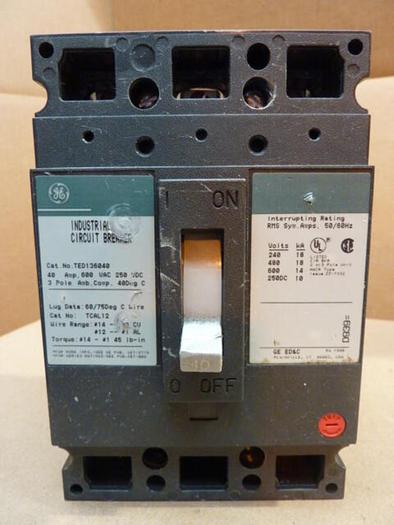 Used GENERAL ELECTRIC / GE 40 Amp Industrial Circuit Breaker TED136040 #33578