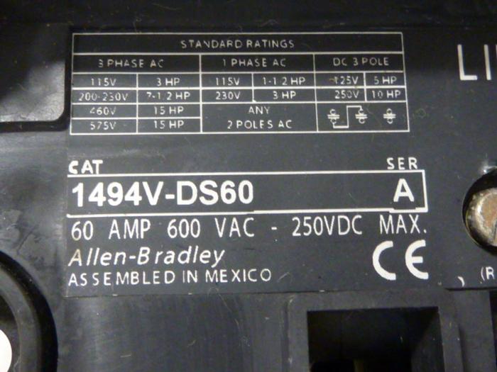 Used ALLEN BRADLEY 60 Amp Disconnect Switch 1494V-DS60 SER A #57437