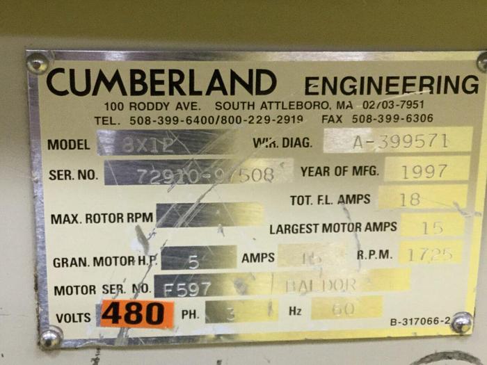 Used CUMBERLAND 5 HP Grinder / Granulator, 8X12, Used