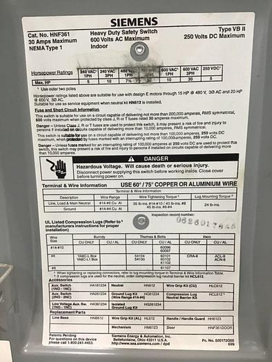 Used SIEMENS 30 Amp Safety Disconnect Switch HNF361 VBII #130004