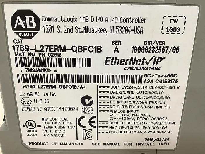 Used ALLEN BRADLEY 1769-L27ERM-QBFC1B SER A