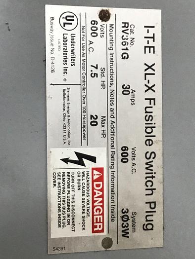 Used ITE SIEMENS 30 Amp Bus Disconnect Switch RV361G #137246