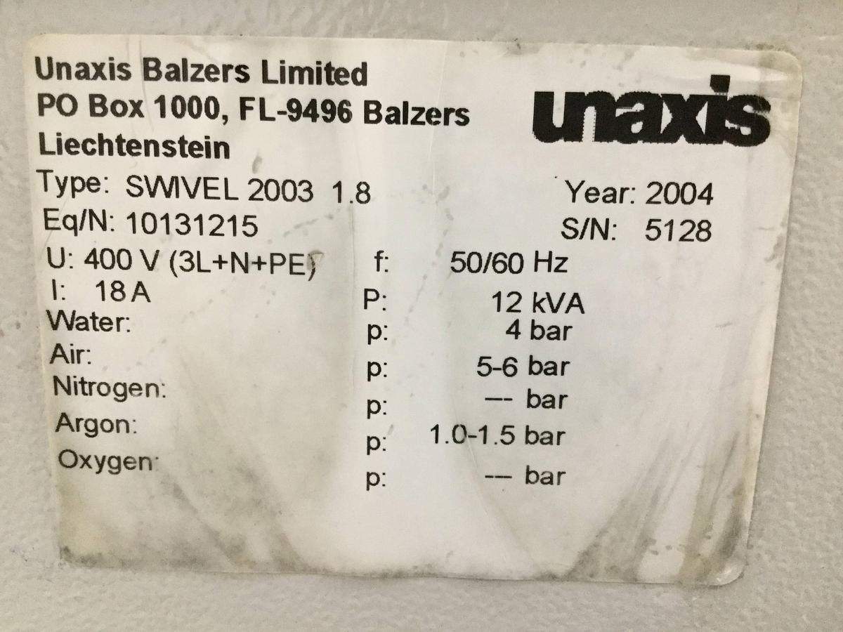 Used UNAXIS BALZERS Metalizer CD DVD Sputtering Machine SWIVEL 2003 1.8 USED #99186
