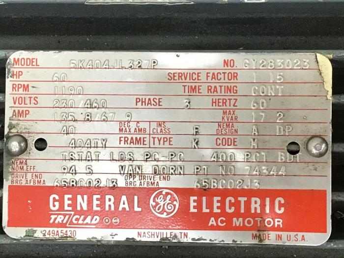 Used GENERAL ELECTRIC 60 HP AC Motor 5K404JL327P Used