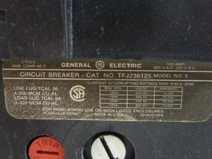 Used GENERAL ELECTRIC / GE 125 Amp Circuit Breaker TFJ236125WL USED