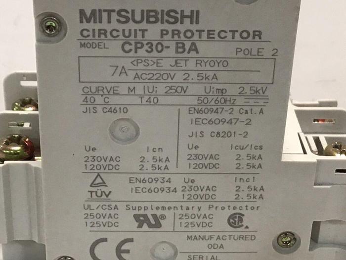 Used MITSUBISHI 7 Amp Circuit Protector CP30-BA-2P-7A #119651