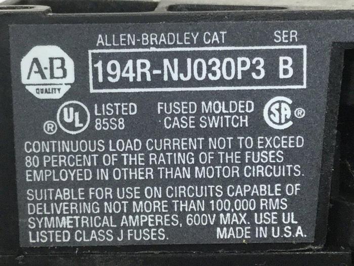 Used ALLEN BRADLEY 30 Amp Disconnect Switch 194R-NJ030P3 #102763