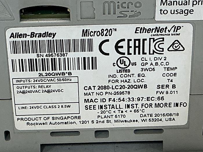 Used ALLEN BRADLEY 2080-LC20-20QWB