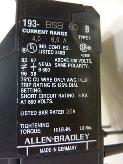 Used ALLEN BRADLEY Overload Relay 193-BSB 60 SER B #44109