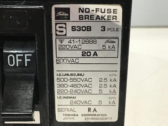 Used TOSHIBA 20 Amp Circuit Breaker S30B-3P-20A #119779