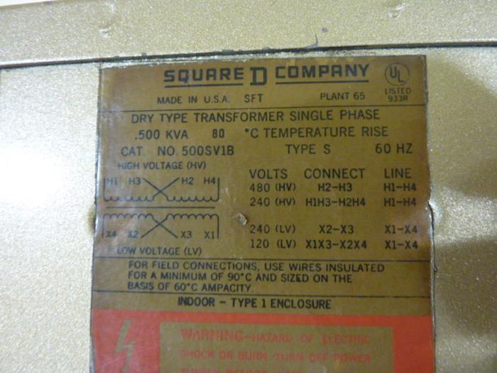 Used SQUARE D 0.500 kVA Dry Type Transformer 500SV1B #41739