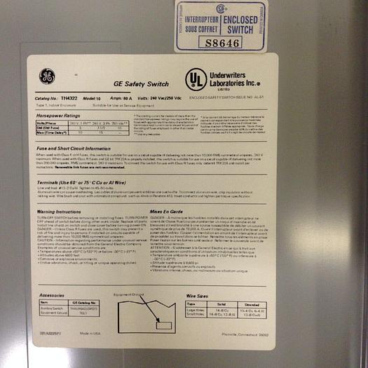 Used GENERAL ELECTRIC / GE 60 Amp Safety Switch TH4322 #75458
