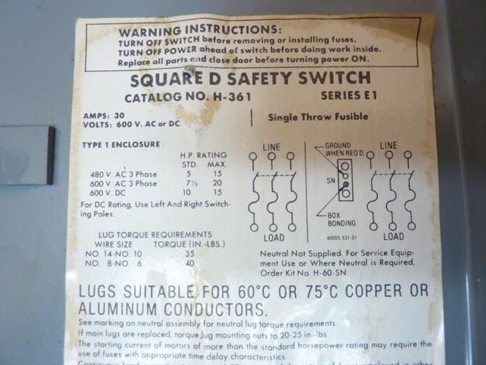 Used SQUARE D 30 Amp Safety Disconnect Switch H361 E1 Used