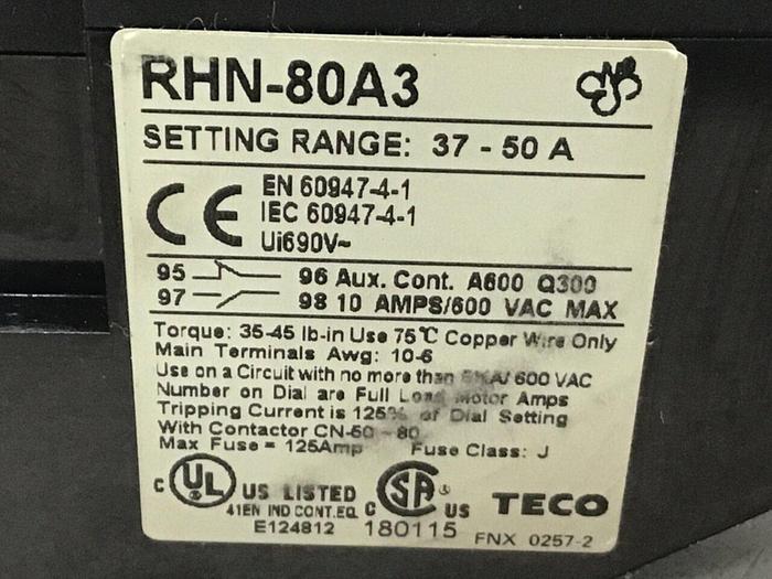 TE CO Overload Relay RHN-80A3 #124872