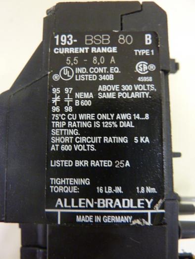 Used ALLEN BRADLEY Overload Relay 193-BSB 80 SER B #51222
