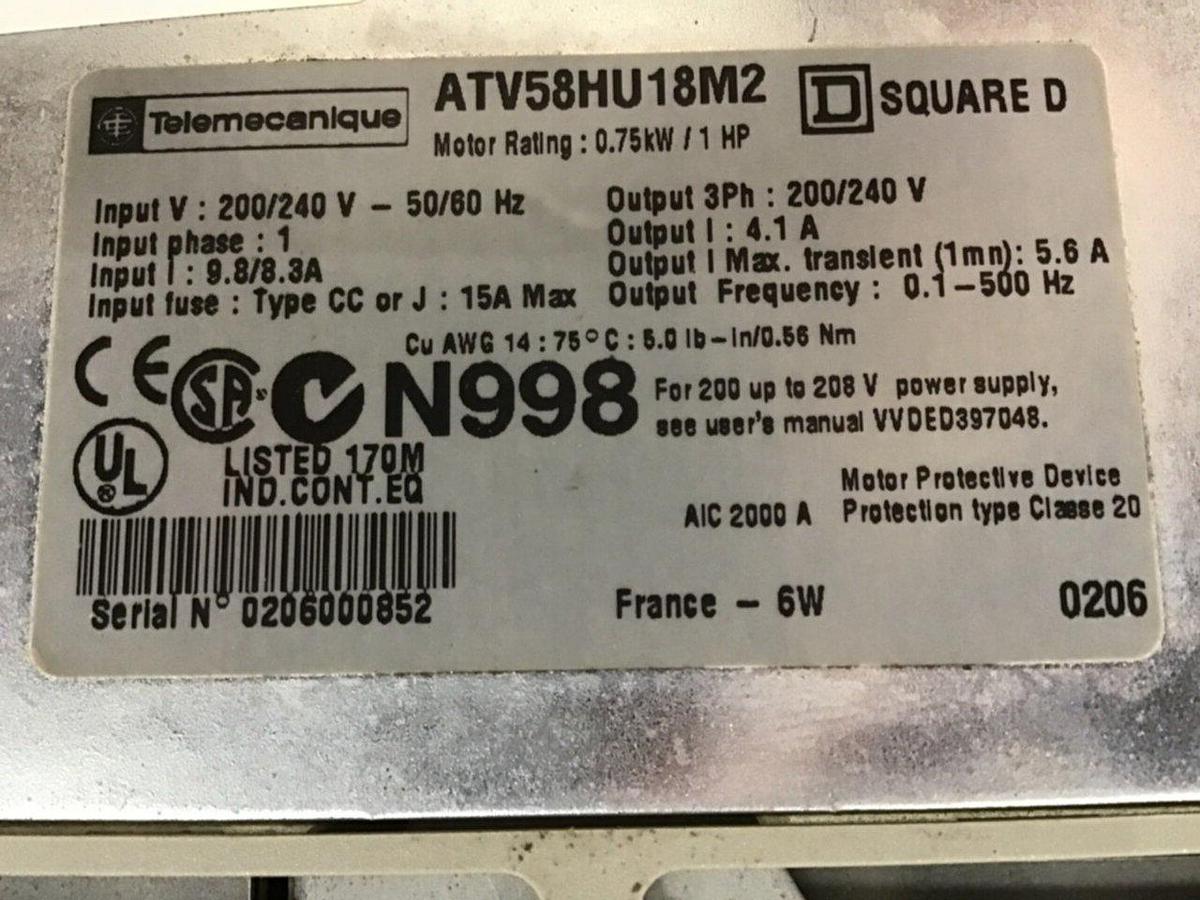 Used TELEMECANIQUE Variable Speed Drive ATV58HU18M2 USED