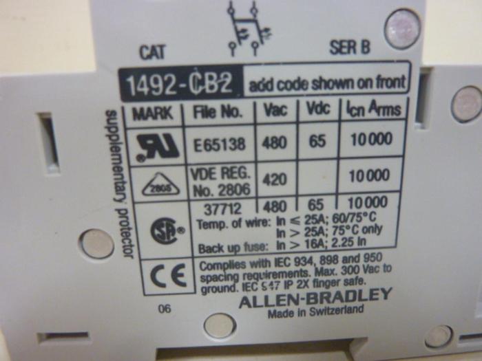 Used ALLEN BRADLEY 15 Amp Circuit Breaker 1492-CB2/G150 SER B #46994