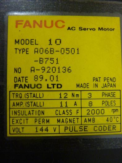 Used FANUC Servo Motor A06B-0501-B751 #51886