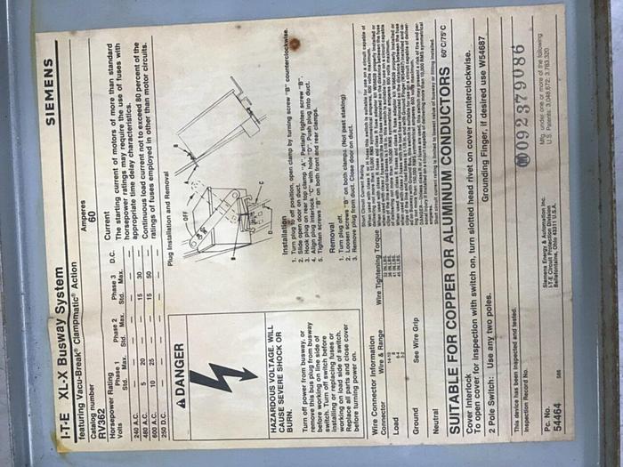 Used SIEMENS 60 Amp Buss Plug RV362 #137258