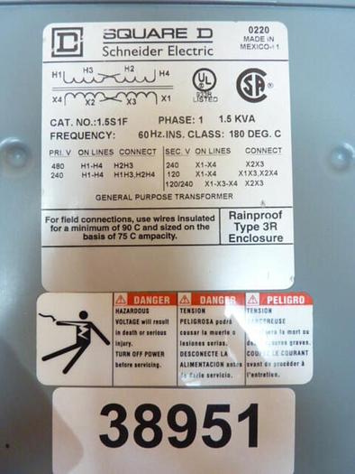 Used SQUARE D 1.5 kVA General Purpose Transformer 1.5S1F #38951