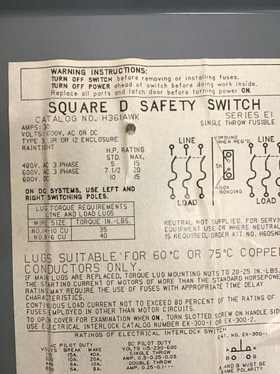 Used SQUARE D 30 Amp Safety Disconnect Switch H361AWK E1 #134669