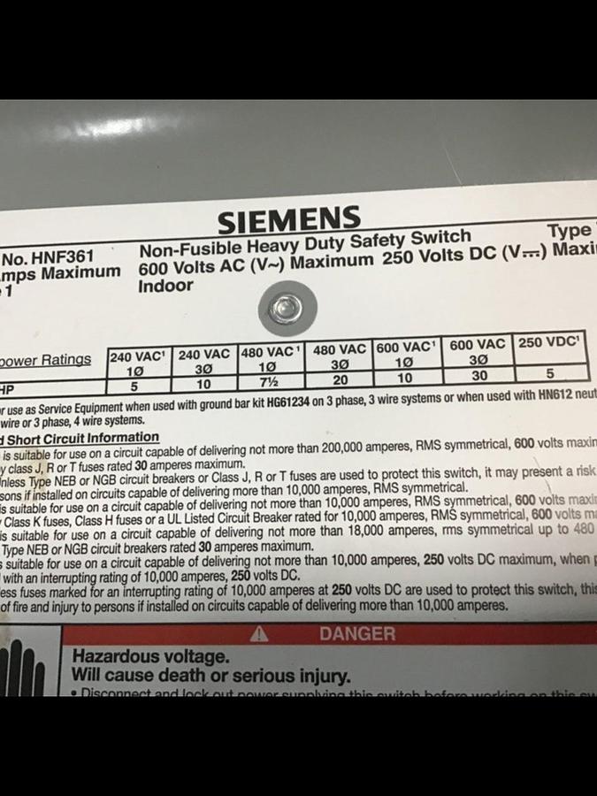 Used SIEMENS 30 Amp Safety Disconnect Switch HNF361 VBII USED