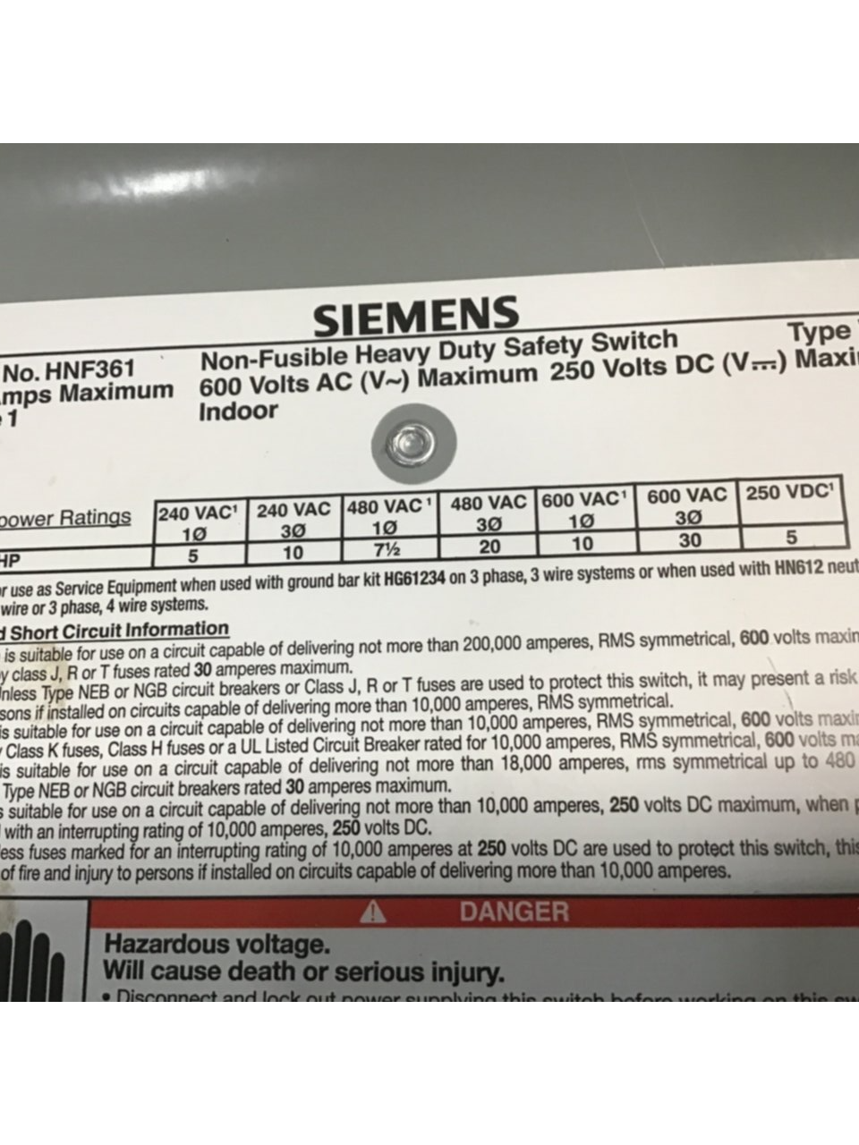 Used SIEMENS 30 Amp Safety Disconnect Switch HNF361 VBII USED