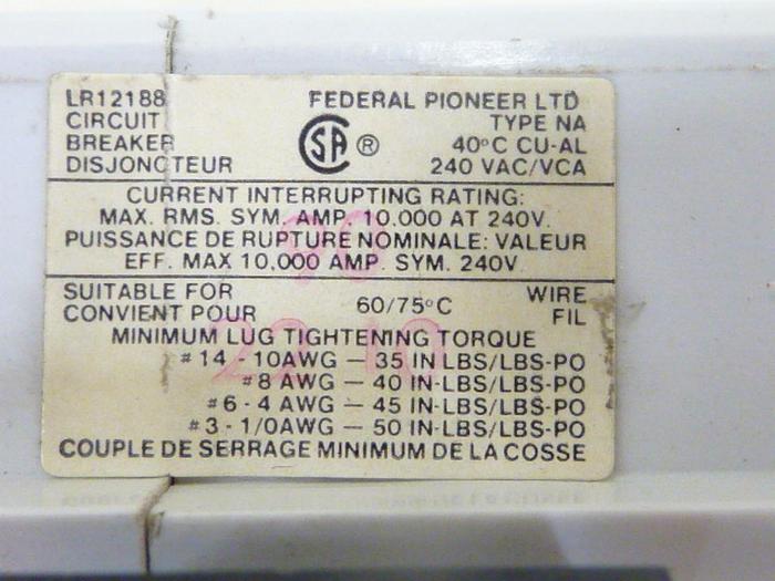 Used FEDERAL PIONEER 15 Amp Circuit Breaker LR12188 #44126