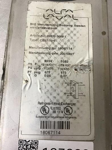Used ALFA LAVAL Refrigerant Heat Exchanger CB27-10H #127300
