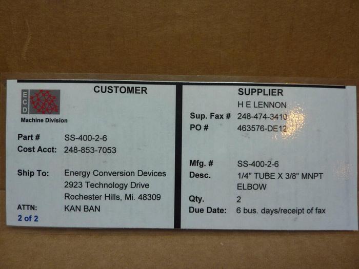 SWAGELOK Male Elbow Tube Fitting SS-400-2-6 #39227