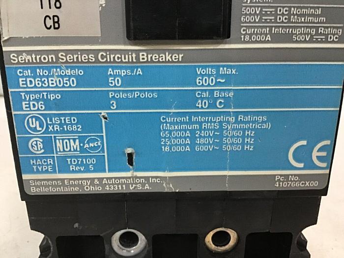 Used SIEMENS 50 Amp Circuit Breaker ED63B050 Used
