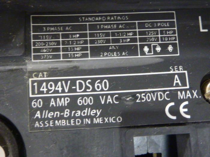 Used ALLEN BRADLEY 60 Amp Disconnect Switch 1494V-DS60 SER A #57438