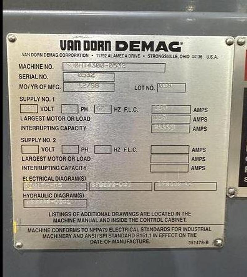 Used 1999 VAN DORN 500 Ton Injection Molding Machine 500HT-4300 USED