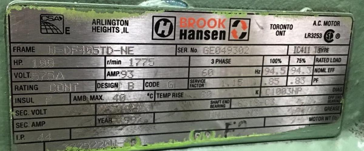Used BROOK HANSEN 100 HP Motor W-DF405TD-NE Used