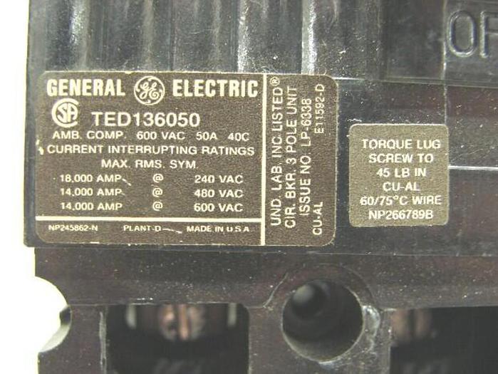 Used GE 50 Amp Circuit Breaker TED136050 #21329