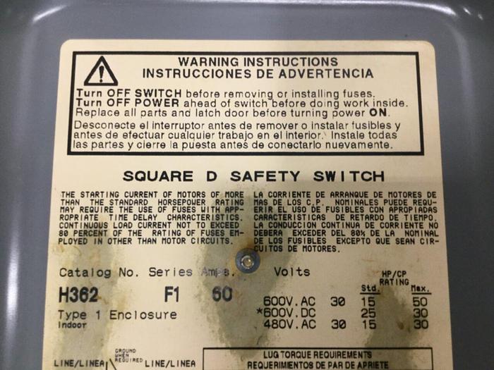 Used SQUARE D Safety Disconnect Switch H362 F1 #106912