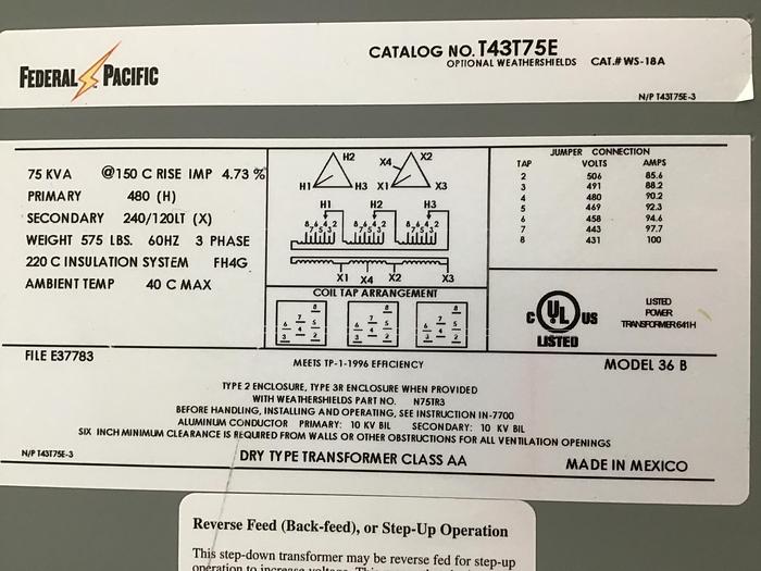 Used FEDERAL PACIFIC 75 kVA Transformer T43T75E Used #145633
