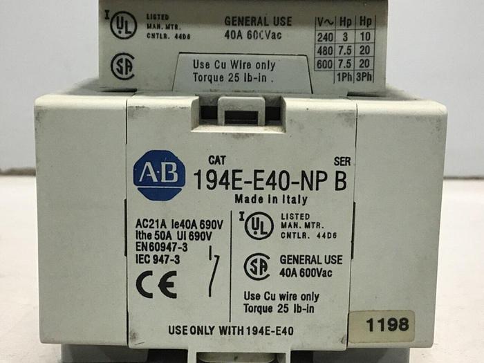 Used ALLEN BRADLEY Disconnect Switch 194E-E40-1753 SER B #114554
