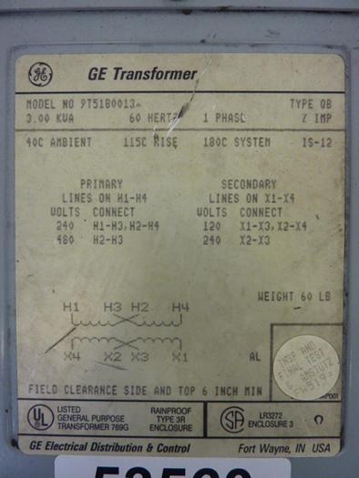 Used GENERAL ELECTRIC 3.00 kVA Transformer 9T51B0013 #118478