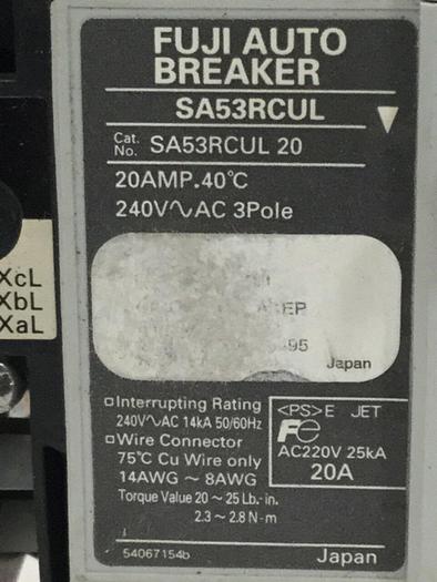 Used FUJI ELECTRIC 20 Amp Circuit Breaker SA53RCUL/20 #104965