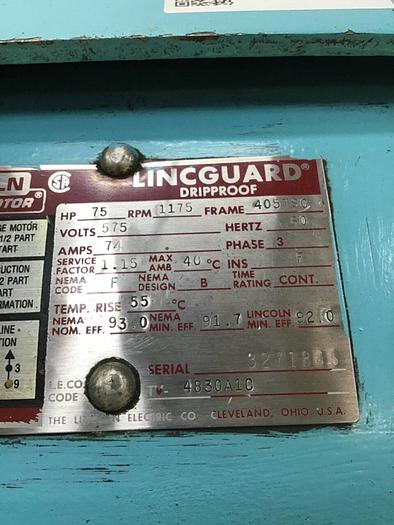 Used LINCOLN ELECTRIC 75 HP AC Motor TV-4830A1C Used