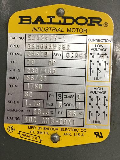 Used BALDOR 20 HP Motor 5232476-1 Used