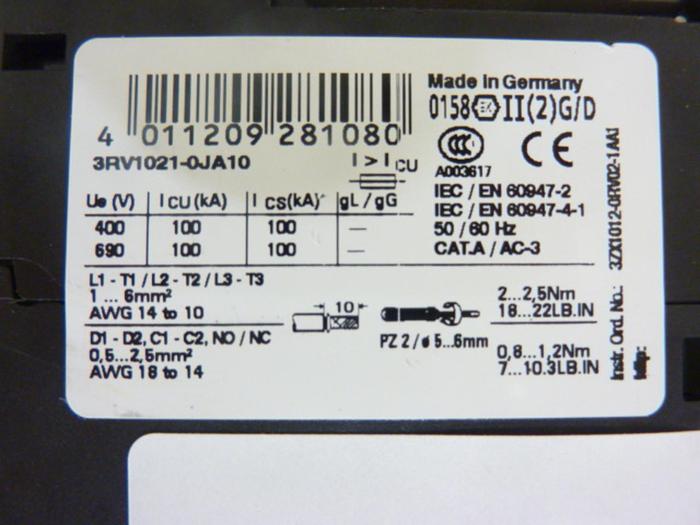 Used SIEMENS 1 Amp Circuit Breaker 3RV1021-0JA10 #45540