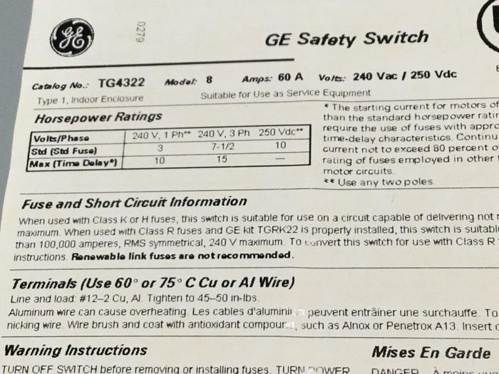 Used GENERAL ELECTRIC / GE 60 Amp Safety Disconnect Switch TG4322 #96310