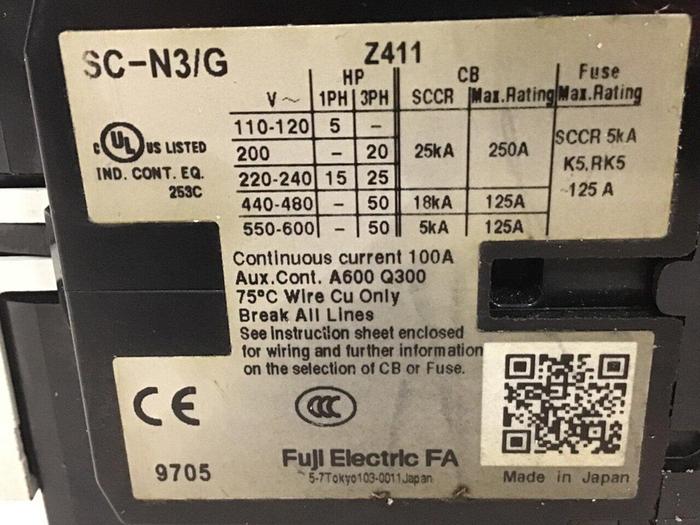 Used FUJI ELECTRIC Contactor SC-N3/G Z411 #134224