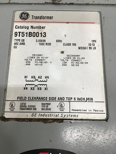 Used GENERAL ELECTRIC 3.00 kVA Transformer 9T51B0013 #138974